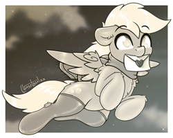Size: 1623x1294 | Tagged: safe, artist:llametsul, imported from derpibooru, derpy hooves, pegasus, pony, atg 2022, chest fluff, clothes, cute, ear fluff, female, floppy ears, flying, hockless socks, letter, mare, monochrome, mouth hold, newbie artist training grounds, scarf, signature, socks, solo, stockings, thigh highs