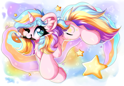 Size: 2500x1744 | Tagged: safe, artist:woonborg, imported from derpibooru, oc, oc only, oc:oofy colorful, pony, unicorn, artfight, chest fluff, colorful, cute, ear fluff, fluffy, happy, looking at you, mouth hold, one eye closed, paintbrush, smiling, solo, stars, wink
