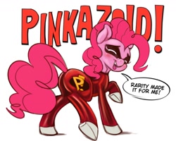 Size: 1302x1040 | Tagged: safe, artist:applepost67, imported from derpibooru, pinkie pie, earth pony, pony, butt, clothes, color, costume, female, freakazoid, implied rarity, mare, pinkazoid, plot, simple background, solo, speech bubble, white background