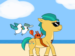 Size: 2000x1500 | Tagged: safe, artist:blazewing, imported from derpibooru, hitch trailblazer, bird, crab, earth pony, pony, seagull, atg 2022, beach, cloud, colored background, critter magnet, drawpile, flying, g5, kenneth, male, mcsnips-a-lot, my little pony: tell your tale, newbie artist training grounds, ocean, sand, sheriff's badge, smiling, stallion, sunglasses, walking, water