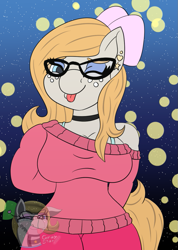 Size: 855x1200 | Tagged: safe, artist:gray star, imported from derpibooru, oc, oc:gray star, anthro, :p, bow, choker, clothes, eyeshadow, female, freckles, glasses, hair bow, looking at you, makeup, one eye closed, smiling, smiling at you, tongue out, wink, winking at you