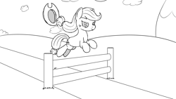 Size: 1920x1080 | Tagged: safe, artist:spritepony, imported from derpibooru, applejack, earth pony, pony, applejack's hat, atg 2022, cloud, cowboy hat, fence, hat, jumping, leaping, lineart, monochrome, newbie artist training grounds, obstacle course, sketch, solo