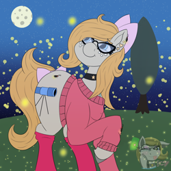 Size: 1600x1602 | Tagged: safe, artist:gray star, derpibooru exclusive, imported from derpibooru, oc, oc:gray star, beetle, firefly (insect), insect, bow, choker, clothes, female, forest, glasses, hair bow, happy, mare, night, smiling, socks, sweater, tail, tail bow