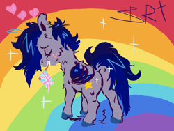 Size: 2580x1943 | Tagged: safe, anonymous artist, imported from derpibooru, oc, oc:zephyr star, bat pony, blushing, british, butt, butt blush, eyes closed, fluffy, mouth hold, plot, rainbow, solo, union jack