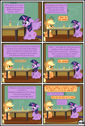 Size: 3254x4838 | Tagged: safe, artist:gutovi, imported from derpibooru, applejack, twilight sparkle, alicorn, earth pony, pony, comic:why me!?, alternate ending, apple, apple juice, comic, female, food, hat, high res, juice, lesbian, mare, shipping, show accurate, sweet apple acres, table, twijack, twilight sparkle (alicorn)