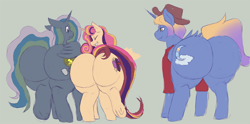 Size: 1500x741 | Tagged: safe, artist:weasselk, imported from derpibooru, oc, oc only, oc:aerial agriculture, oc:princess young heart, oc:wonder weather, alicorn, pony, alicorn oc, alicorn princess, butt, butt bump, butt to butt, butt touch, clothes, commissioner:bigonionbean, dock, embarrassed, extra thicc, eyes closed, female, flank, fusion, fusion:apple bloom, fusion:bow hothoof, fusion:compass star, fusion:dinky hooves, fusion:evening star, fusion:gentle breeze, fusion:igneous rock pie, fusion:night light, fusion:party favor, fusion:scootaloo, fusion:sweetie belle, fusion:thunderlane, hat, horn, large butt, male, plot, shocked, stallion, surprised, tail, teasing, teenager, the ass was fat, thick, wall of tags, wings, writer:bigonionbean