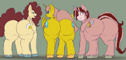 Size: 1500x722 | Tagged: safe, artist:weasselk, imported from derpibooru, oc, oc only, oc:heartstrong flare, oc:king calm merriment, oc:king speedy hooves, alicorn, pony, butt, commissioner:bigonionbean, cutie mark, flank, fusion, fusion:big macintosh, fusion:caboose, fusion:cheese sandwich, fusion:donut joe, fusion:fancypants, fusion:flash sentry, fusion:promontory, fusion:shining armor, fusion:silver zoom, fusion:soarin', fusion:sunburst, fusion:trouble shoes, glasses, horn, large butt, looking back, male, plot, stallion, the ass was fat, wings, writer:bigonionbean
