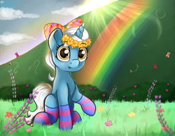 Size: 1280x998 | Tagged: safe, artist:appleneedle, imported from derpibooru, oc, oc only, oc:zinnia, butterfly, pony, unicorn, bow, clothes, cloud, cute, female, filly, floral head wreath, flower, foal, hair bow, nature, rainbow, socks, sun