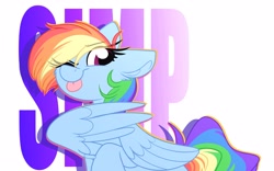 Size: 3470x2160 | Tagged: safe, artist:lbrcloud, imported from derpibooru, rainbow dash, pegasus, pony, ;p, gradient background, one eye closed, simp, simple background, solo, tongue out, white background, wink