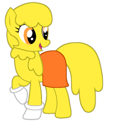 Size: 868x921 | Tagged: safe, artist:rainysweet, imported from derpibooru, oc, oc:alexandra janes, earth pony, pony, alexawwndra, clothes, cute, earth pony oc, female, g4, gloves, mare, open mouth, open smile, orange eyes, orange skirt, raised hoof, raised leg, simple background, skirt, smiling, solo, sweater, tail, transparent background, yellow hair, yellow mane, yellow tail