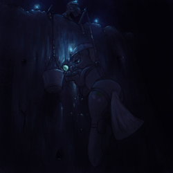 Size: 3000x3000 | Tagged: safe, artist:t72b, imported from derpibooru, limestone pie, marble pie, earth pony, pony, candle, cave, cliff, dark, female, gem, helmet, looking down, mare, mine, mouth hold, pickaxe, suspended
