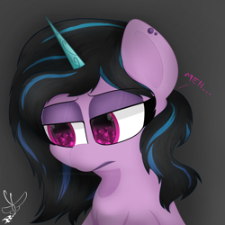 Size: 2000x2000 | Tagged: safe, artist:daftramms, imported from derpibooru, izzy moonbow, pony, unicorn, bust, cute, g5, goth, goth izzy, meh, portrait, sad, simple background, solo