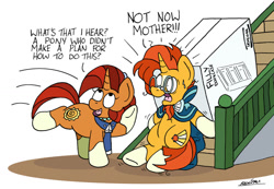 Size: 1024x707 | Tagged: safe, artist:bobthedalek, imported from derpibooru, stellar flare, sunburst, pony, unicorn, atg 2022, blaze (coat marking), box, brooch, cloak, clothes, coat markings, facial markings, female, glasses, heavy, ikea, implied luster dawn, inconvenient, jewelry, male, mare, mother and child, mother and son, mothers gonna mother, robe, socks (coat markings), stairs, stallion, struggling, sunburst's brooch, sunburst's cloak, sunburst's glasses, sweat, sweatdrop, that pony sure does love plans