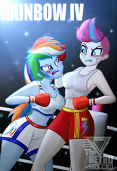 Size: 1700x2491 | Tagged: safe, artist:theretroart88, imported from derpibooru, rainbow dash, zipp storm, human, equestria girls, bare shoulders, blood, boxing, boxing gloves, boxing ring, breasts, bruised, busty rainbow dash, busty zipp storm, duo, duo female, equestria girls-ified, female, fight, g5, g5 to equestria girls, generation leap, rocky (movie), rocky iv, sleeveless, sports, tomboy