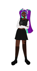 Size: 4032x7560 | Tagged: safe, artist:idkhesoff, derpibooru exclusive, imported from derpibooru, aria blaze, human, boots, clothes, dark skin, ear piercing, earring, eye scar, eyebrow piercing, female, humanized, jacket, jewelry, leather jacket, nose piercing, nose ring, piercing, scar, shoes, simple background, skirt, solo, stockings, tattoo, thigh highs, transparent background