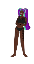 Size: 4032x7560 | Tagged: safe, artist:idkhesoff, derpibooru exclusive, imported from derpibooru, aria blaze, human, barefoot, belly button, black underwear, bra, clothes, dark skin, ear piercing, earring, eye scar, eyebrow piercing, feet, female, humanized, jewelry, nose piercing, nose ring, panties, piercing, scar, simple background, solo, tattoo, transparent background, underwear