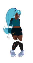 Size: 4032x7560 | Tagged: safe, artist:idkhesoff, derpibooru exclusive, imported from derpibooru, sonata dusk, human, belly button, cat socks, chubby, clothes, dark skin, eyebrow piercing, female, gloves, humanized, lip piercing, midriff, nose piercing, nose ring, piercing, plump, shirt, shoes, shorts, simple background, snake bites, sneakers, solo, stockings, tattoo, thigh highs, transparent background