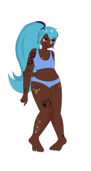 Size: 4032x7560 | Tagged: safe, artist:idkhesoff, derpibooru exclusive, imported from derpibooru, sonata dusk, human, barefoot, belly button, blue underwear, bra, chubby, clothes, dark skin, eyebrow piercing, feet, female, humanized, lip piercing, nose piercing, nose ring, panties, piercing, plump, simple background, snake bites, solo, tattoo, transparent background, underwear