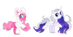 Size: 1843x930 | Tagged: safe, artist:cabbage-arts, artist:vernorexia, imported from derpibooru, princess silver swirl, oc, oc:starsong, earth pony, pony, unicorn, adoptable, animal costume, base used, blue eyes, bunny costume, clothes, colored hooves, costume, duo, ethereal mane, food, g2, g2 to g4, g4, galaxy mane, generation leap, gray mane, honey, hoodie, markings, multicolored hair, pink coat, pink mane, princess, redesign, simple background, swirls, tinsel, transparent background