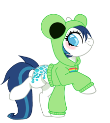 Size: 994x1111 | Tagged: safe, artist:cabbage-arts, artist:vernorexia, imported from derpibooru, oc, oc only, earth pony, frog, pony, adoptable, blue eyes, blue hair, clothes, female, frog costume, g2, g2 to g4, g4, gay pride flag, generation leap, hood, hoodie, markings, pride, pride flag, redesign, simple background, solo, transparent background, waterlily, white coat