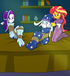 Size: 4613x5000 | Tagged: safe, artist:gregory-gid-did, imported from derpibooru, starlight glimmer, sunset shimmer, trixie, human, equestria girls, absurd resolution, ass, bed, bondage, bound and gagged, butt, cloth gag, clothes, commission, female, footed sleeper, footie pajamas, gag, hat, help us, loft, nightcap, onesie, over the nose gag, pajamas, rope, rope bondage, sleepover, slumber party, smiling, tied up, trio, trio female, trixie's nightcap, unsexy bondage