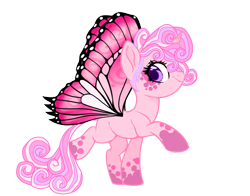 Size: 1811x1421 | Tagged: safe, artist:cabbage-arts, artist:vernorexia, imported from derpibooru, oc, butterfly, butterfly pony, hybrid, pony, unicorn, barbie, base used, coat markings, colored wings, curly mane, dappled, female, g2, gradient horn, horn, long tail, mariposa, markings, multicolored mane, multicolored wings, pink coat, pink mane, pink wings, princess, princess twinkle star, purple mane, redesign, shaved mane, short mane, simple background, socks (coat markings), solo, spots, tail, transparent background, undercut, white mane, wings