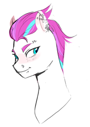 Size: 1206x1697 | Tagged: safe, artist:aztrial, imported from derpibooru, zipp storm, pegasus, pony, blushing, ear piercing, earring, eyebrow piercing, female, g5, jewelry, lip piercing, mare, nose piercing, nose ring, piercing, simple background, solo, white background