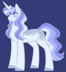 Size: 1203x1300 | Tagged: safe, artist:purplegrim40, imported from derpibooru, oc, oc only, pony, unicorn, blue background, colored hooves, female, grin, horn, mare, offspring, parent:princess luna, parent:shining armor, parents:shiningluna, simple background, smiling, solo, unicorn oc