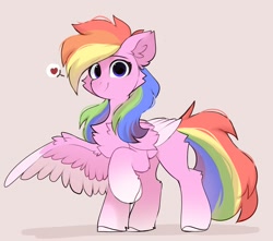 Size: 1624x1434 | Tagged: safe, artist:little-sketches, imported from derpibooru, oc, oc only, oc:aurora codec, pegasus, pony, chest fluff, colored wings, colored wingtips, female, gradient hooves, heart, looking at you, mare, multicolored hair, not rainbow dash, offspring, parent:oc:pixel codec, parent:unnamed oc, rainbow hair, raised hoof, simple background, smiling, smiling at you, solo, standing, wings
