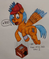 Size: 2483x3000 | Tagged: safe, artist:rapidsnap, imported from derpibooru, oc, oc only, oc:butter hooves, pegasus, pony, atg 2022, baseball cap, box, cap, censored, censored vulgarity, delivery pony, dropping, female, flying, fragile, grawlixes, hat, newbie artist training grounds, open mouth, package, pride, pride flag, shocked, shocked expression, solo, swearing, sweatband, traditional art, trans female, transgender, transgender pride flag