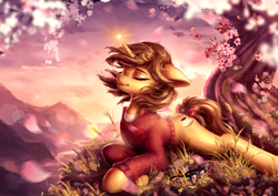 Size: 2105x1488 | Tagged: safe, artist:paticzaki, imported from derpibooru, oc, oc only, pony, unicorn, cherry blossoms, clothes, commission, eyes closed, female, floppy ears, flower, flower blossom, lying down, magic, mare, prone, scenery, solo, sweater, tree, windswept mane