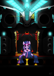Size: 2480x3508 | Tagged: safe, artist:questionmarkdragon, imported from derpibooru, twilight sparkle, pony, unicorn, female, mare, queen twilight, sitting, smiling, solo, story included, throne, unicorn twilight