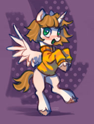 Size: 1756x2300 | Tagged: safe, artist:lunnita_pony, imported from derpibooru, oc, oc only, alicorn, pony, alicorn oc, blushing, clothes, horn, looking at you, smiling, solo, spread wings, sweater, wings