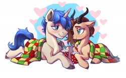 Size: 2268x1416 | Tagged: safe, artist:lunnita_pony, imported from derpibooru, oc, oc only, pony, unicorn, blanket, chocolate, duo, food, heart, hot chocolate, simple background, white background