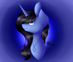 Size: 1400x1200 | Tagged: safe, artist:prettyshinegp, imported from derpibooru, oc, oc only, pony, unicorn, abstract background, bust, eye clipping through hair, female, horn, jewelry, mare, necklace, signature, solo, unicorn oc