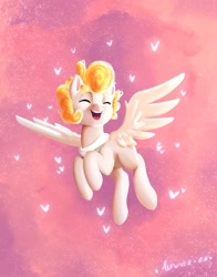 Size: 1609x2048 | Tagged: safe, artist:alfunezart, imported from derpibooru, oc, oc only, pegasus, pony, eyes closed, flying, heart, open mouth, smiling, solo, spread wings, wings