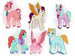 Size: 1280x960 | Tagged: safe, artist:nrpony, imported from derpibooru, jazz (g5), earth pony, pegasus, pony, bubblegum, clothes, dahlia, female, flower, flower in hair, food, g5, gum, jewelry, male, mare, my little pony: a new generation, my little pony: tell your tale, necklace, necktie, rocky (g5), scarf, smiling, spread wings, stallion, sweets (g5), toots (g5), unshorn fetlocks, windy (g5), wings