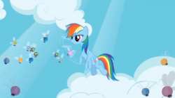 Size: 520x293 | Tagged: safe, imported from derpibooru, rainbow dash, parasprite, pegasus, pony, season 1, swarm of the century, adorable distress, animated, cloud, cute, female, flying, funny, gif, mare