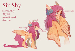 Size: 1280x875 | Tagged: safe, artist:2chocolatecookie2, imported from twibooru, fluttershy, pegasus, pony, blushing, colored hooves, colored wings, colored wingtips, facial markings, female, flower, flower in hair, hoof fluff, image, kinsona, long tail, needs more jpeg, simple background, solo, tail feathers, text, wings