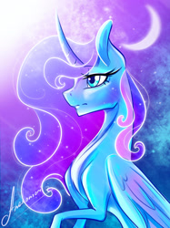 Size: 1280x1708 | Tagged: safe, artist:anekomori, imported from derpibooru, princess luna, alicorn, pony, blue mane, crepuscular rays, curved horn, digital art, ethereal mane, feather, female, flowing mane, folded wings, glow, horn, mare, moon, sky, solo, starry mane, stars, wings