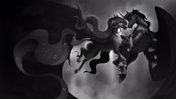 Size: 1920x1080 | Tagged: safe, alternate version, artist:pumpkabooo, imported from derpibooru, king sombra, princess luna, alicorn, pony, unicorn, armor, black and white, claws, curved horn, duo, duo male and female, ethereal mane, female, flowing mane, flowing tail, flying, grayscale, high res, hoof fluff, hoof shoes, horn, implied nightmare moon, jewelry, long feather, looking at each other, looking at someone, lumbra, male, mare, monochrome, night, peytral, regalia, shipping, smiling, sombra eyes, sparkles, spread wings, stallion, starry mane, straight, tail, wing cape, wing claws, wings