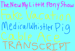 Size: 1191x820 | Tagged: safe, artist:tomyboypony56789, imported from derpibooru, series:the new my little pony show, 1000 hours in ms paint, blue background, cable ace, cyan background, fake vacation, g1, medical winnie pig, ms paint, simple background, the new woody woodpecker show, title, transcript in description, woody woodpecker (series)