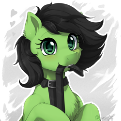 Size: 2000x2000 | Tagged: safe, artist:evomanaphy, edit, imported from twibooru, oc, oc only, oc:filly anon, pony, /mlp/, blushing, collar, female, filly, floating heart, heart, image, leash, looking at you, mouth hold, png, solo