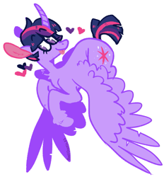 Size: 1257x1353 | Tagged: safe, artist:ponydoodles, imported from twibooru, twilight sparkle, alicorn, pony, alternate hairstyle, curved horn, eyebrows visible through hair, female, floating heart, flying, heart, horn, image, mare, png, short hair, short mane, short tail, simple background, solo, tongue out, transparent background, twilight sparkle (alicorn), white outline, wings
