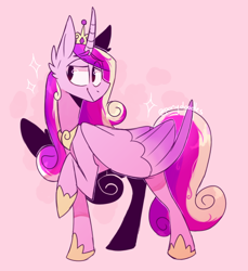Size: 500x545 | Tagged: safe, artist:ponydoodles, imported from twibooru, princess cadance, alicorn, pony, colored wings, crown, female, gradient wings, image, jewelry, mare, pink background, png, raised hoof, regalia, simple background, solo, sparkles, standing, wings