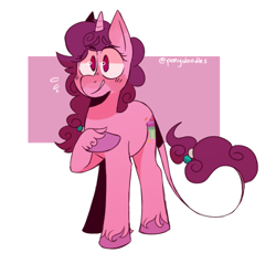 Size: 500x458 | Tagged: safe, artist:ponydoodles, imported from twibooru, sugar belle, pony, unicorn, blushing, colored hooves, eyebrows visible through hair, female, image, leonine tail, mare, pink background, png, raised hoof, simple background, smiling, solo, standing, unshorn fetlocks, white background