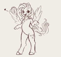 Size: 3176x3004 | Tagged: safe, artist:miokomata, imported from derpibooru, fluttershy, pegasus, semi-anthro, beige background, chest fluff, cute, female, floating heart, freckles, freckleshy, heart, mare, monochrome, open mouth, open smile, shyabetes, simple background, smiling, solo, spread wings, wings