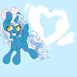 Size: 1242x1238 | Tagged: safe, artist:slothuseless, imported from derpibooru, oc, oc:fleurbelle, alicorn, pony, alicorn oc, blue background, bow, cloud, female, flying, hair bow, heart, horn, mare, simple background, solo, wings, yellow eyes