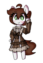 Size: 809x1184 | Tagged: safe, artist:seylan, imported from derpibooru, oc, oc only, oc:cherro, earth pony, pony, semi-anthro, bipedal, blushing, clothes, digital art, dress, looking at you, simple background, solo, transparent background