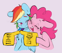 Size: 1280x1088 | Tagged: safe, artist:chub-wub, imported from derpibooru, pinkie pie, rainbow dash, earth pony, pegasus, pony, blushing, chest fluff, cute, dashabetes, diapinkes, duo, duo female, eyes closed, female, foam finger, hug, lesbian, mare, one eye closed, open mouth, pink background, pinkiedash, shipping, simple background, wink